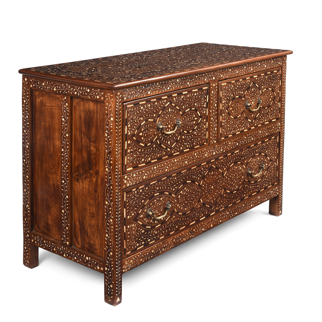 Angled View Of Antique Chest Of Drawers - Teak With Bone Inlay - Ca 1920 | Indigo Antiques