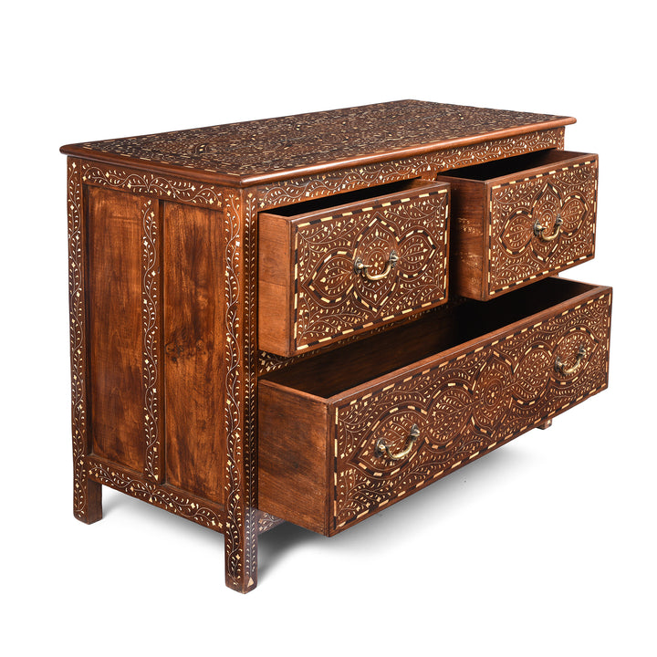 Open Drawer View Of Antique Chest Of Drawers - Teak With Bone Inlay - Ca 1920 | Indigo Antiques