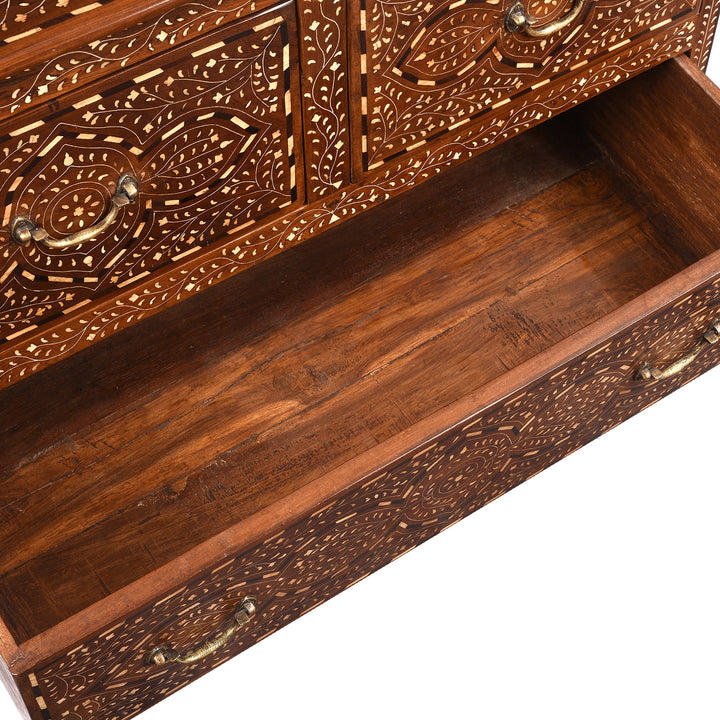 Drawer Interior Detail From Antique Chest Of Drawers - Teak With Bone Inlay - Ca 1920 | Indigo Antiques