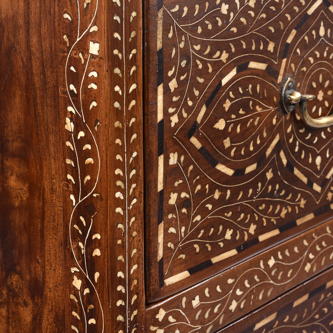 Bone Inlay Detail From Antique Chest Of Drawers - Teak With Bone Inlay - Ca 1920 | Indigo Antiques