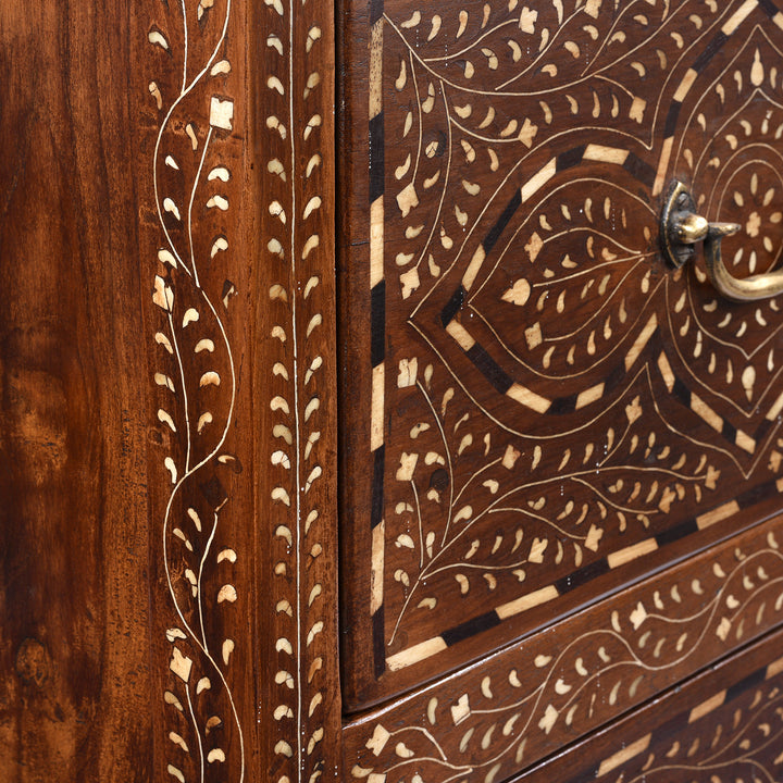Bone Inlay Detail From Antique Chest Of Drawers - Teak With Bone Inlay - Ca 1920 | Indigo Antiques