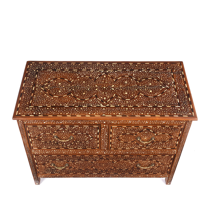 Top Down View Of Antique Chest Of Drawers - Teak With Bone Inlay - Ca 1920 | Indigo Antiques