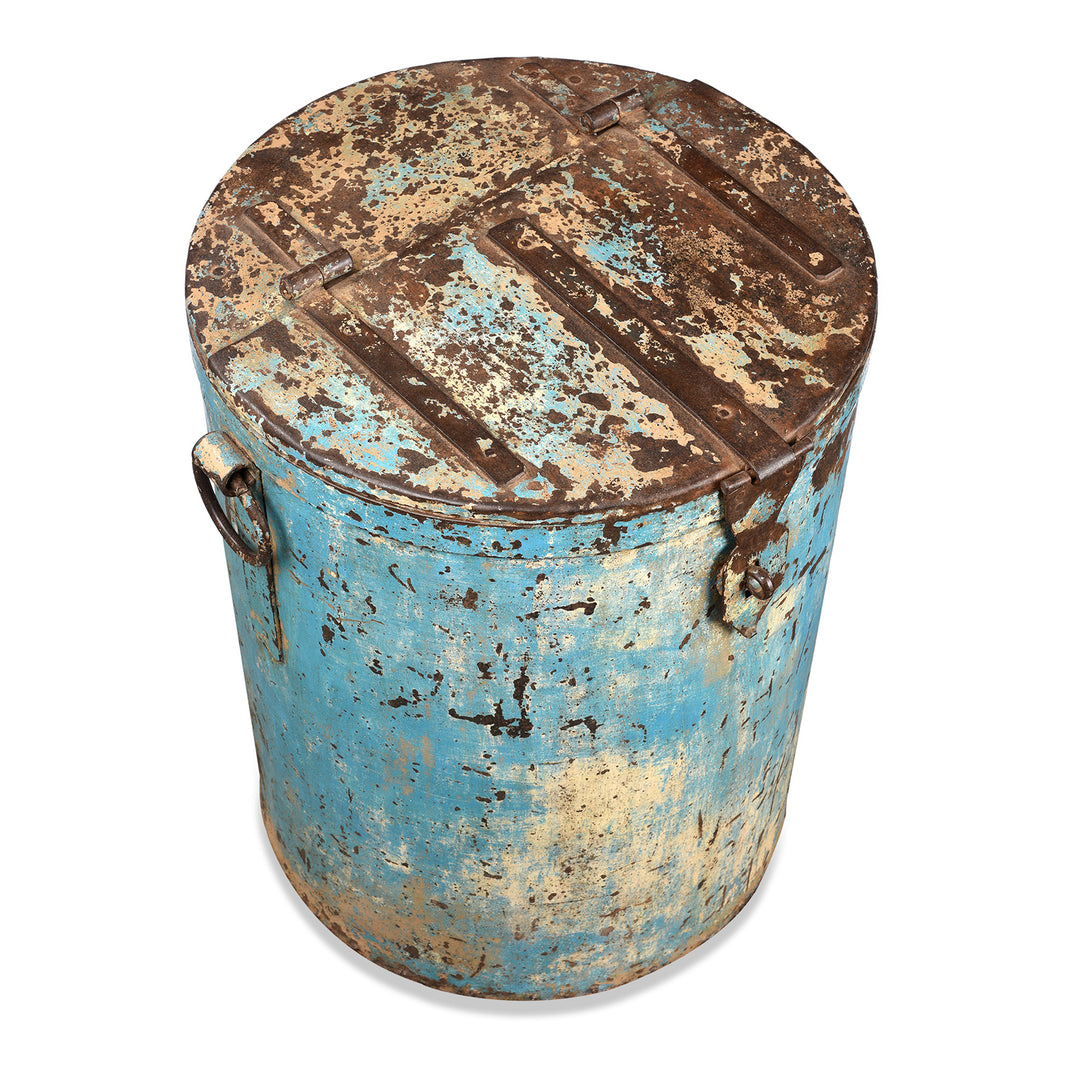 Top Down View Of Antique Blue Painted Iron Grain Storage Bin From Rajasthan - Ca 1920 | Indigo Antiques