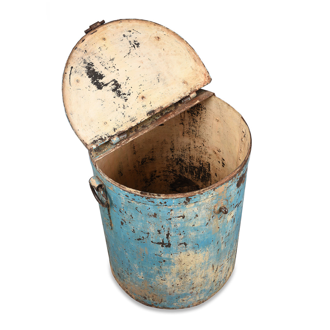 Open Lid View Of Antique Blue Painted Iron Grain Storage Bin From Rajasthan - Ca 1920 | Indigo Antiques