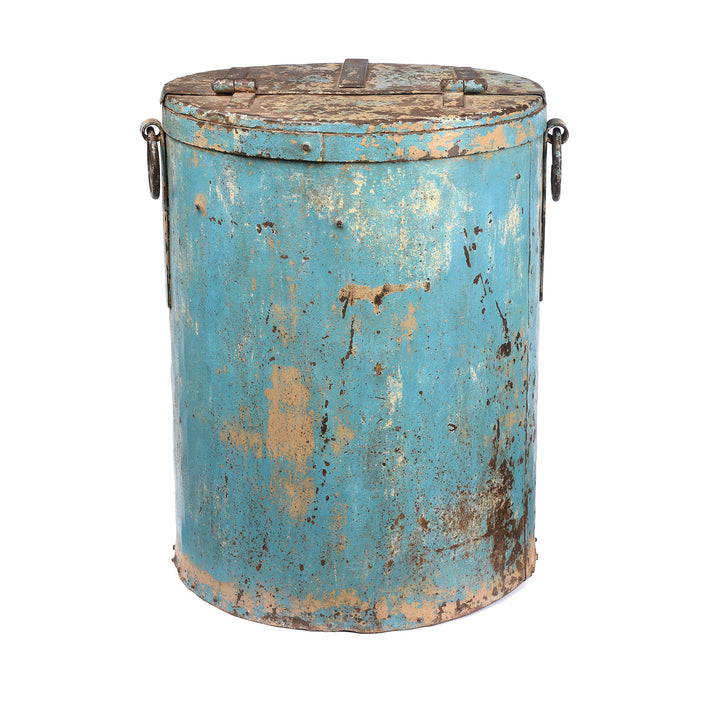 Back Of Antique Blue Painted Iron Grain Storage Bin From Rajasthan - Ca 1920 | Indigo Antiques