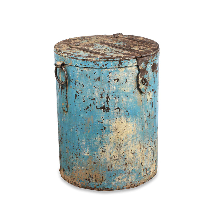 Angled View Of Antique Blue Painted Iron Grain Storage Bin From Rajasthan - Ca 1920 | Indigo Antiques