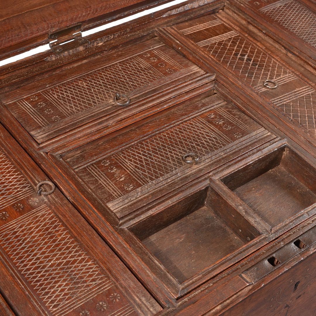 Carved Compartment View Of Antique Brass Bound Burmese Military Chest | Indigo Antiques