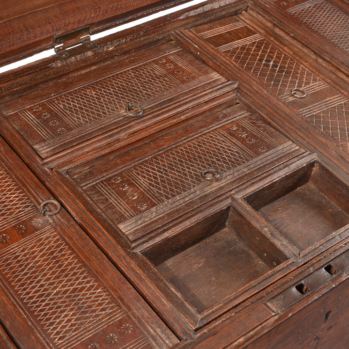 Carved Compartment View Of Antique Brass Bound Burmese Military Chest | Indigo Antiques