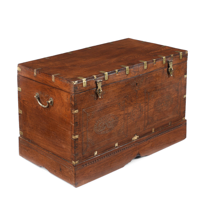 Angled View Of Antique Brass Bound Burmese Military Chest | Indigo Antiques