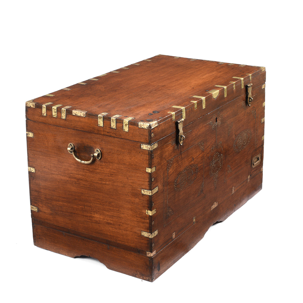 Angled VIew Of Antique Brass Bound Burmese Military Chest | Indigo Antiques