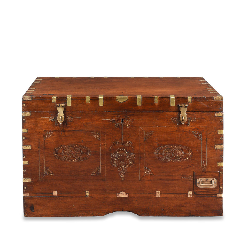 Brass Bound Teak Military Chest From Burma - 19th Century
