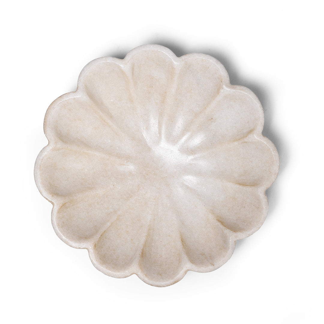 Hand Carved White Marble Lotus Plate From Rajasthan | Indigo Antiques