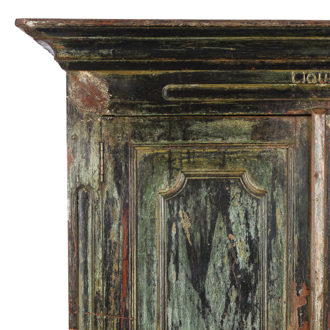 Corner Detail From Green Painted Reclaimed Teak Cabinet | Indigo Antiques
