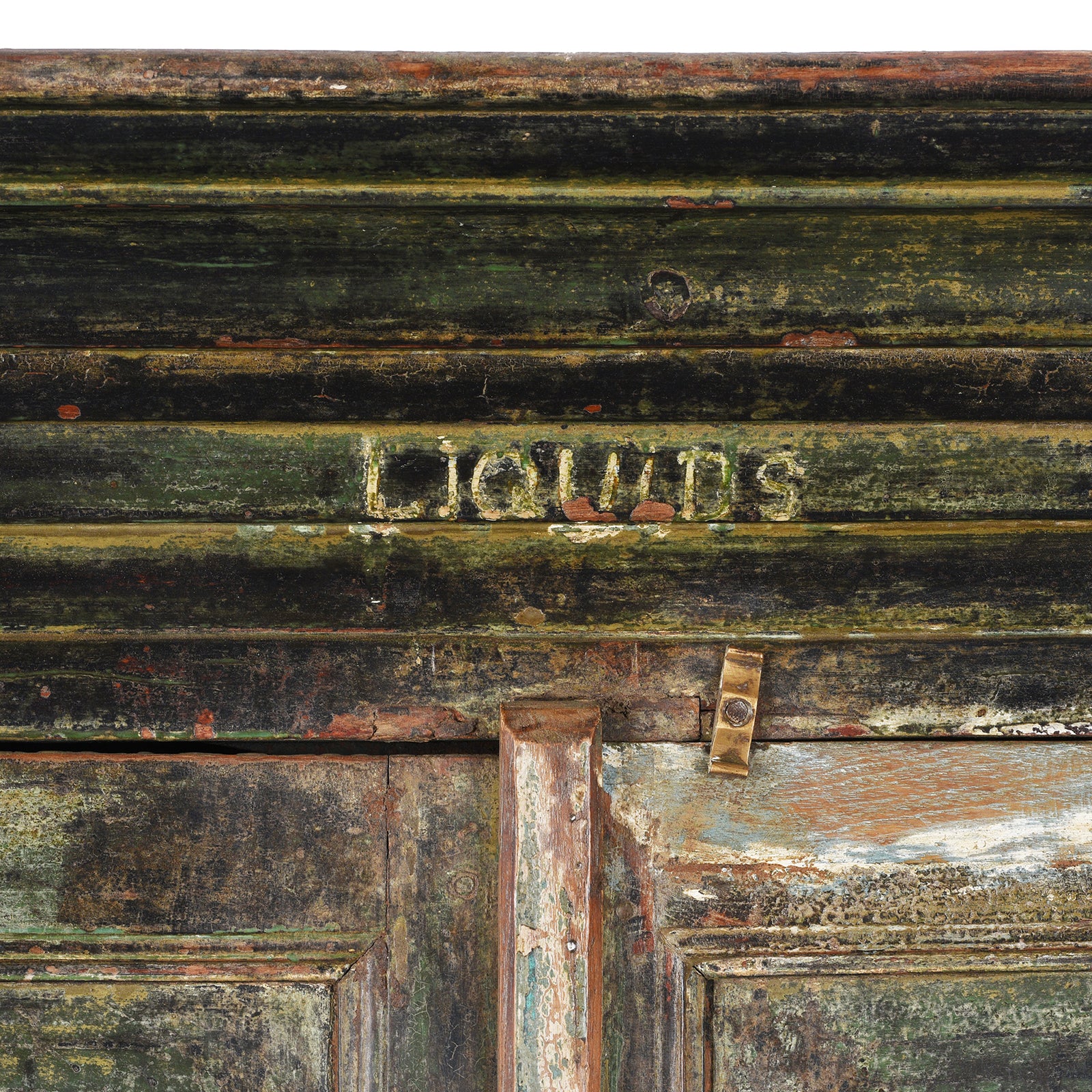'Liguids' Detail From Green Painted Reclaimed Teak Cabinet | Indigo Antiques