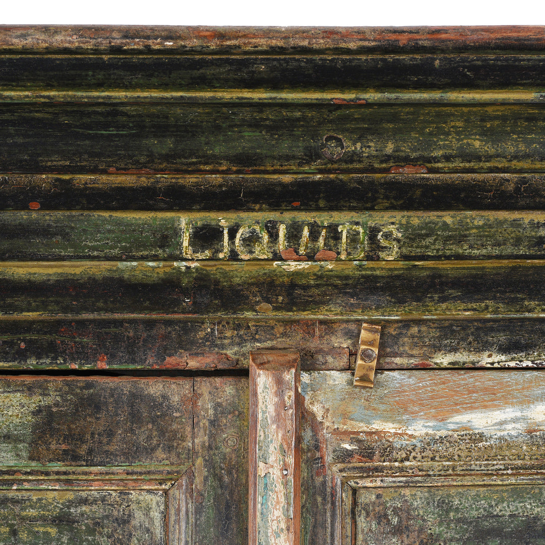 'Liguids' Detail From Green Painted Reclaimed Teak Cabinet | Indigo Antiques