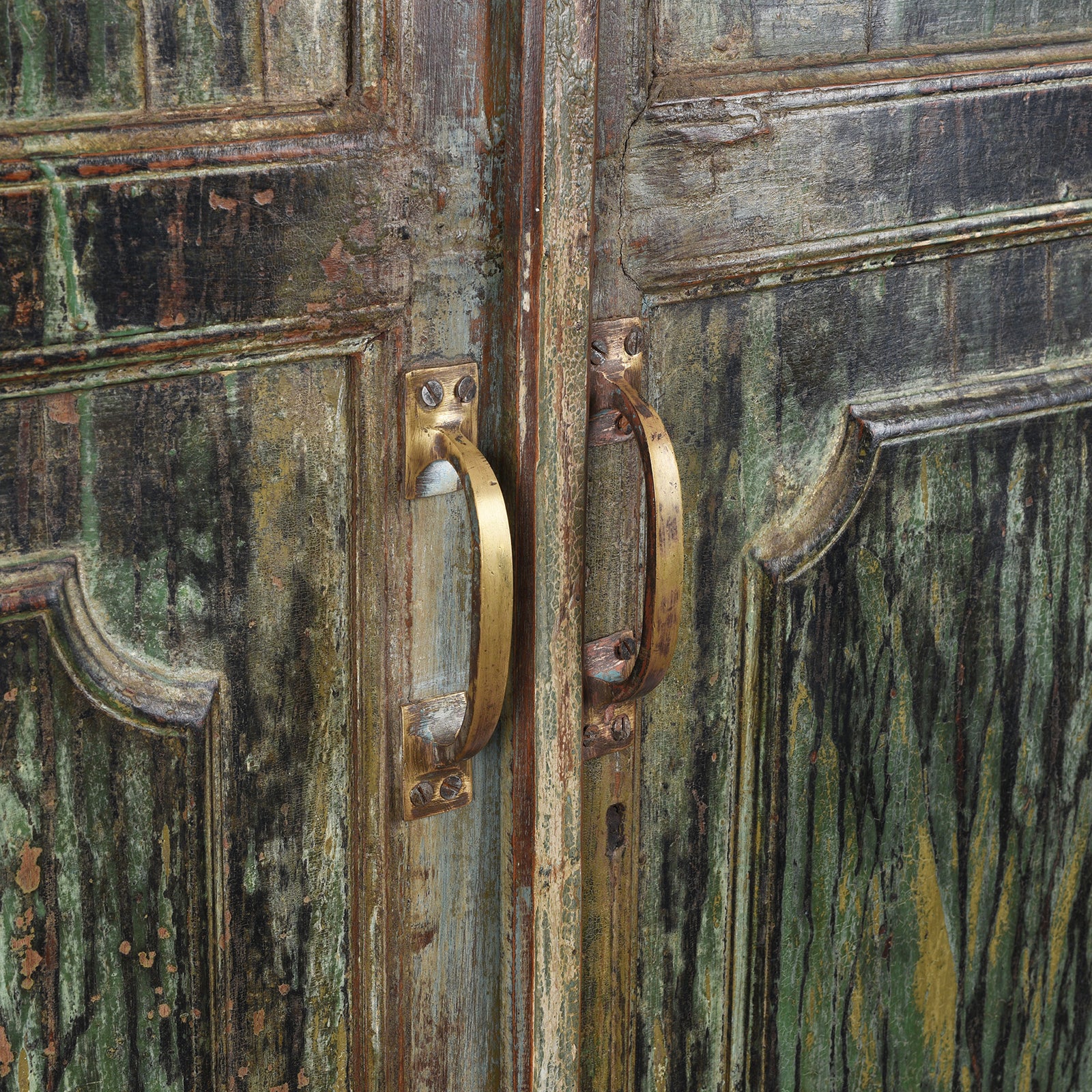 Handles Detail From Green Painted Reclaimed Teak Cabinet | Indigo Antiques
