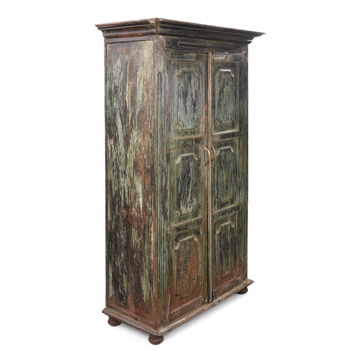 Angled View Of Green Painted Reclaimed Teak Cabinet | Indigo Antiques