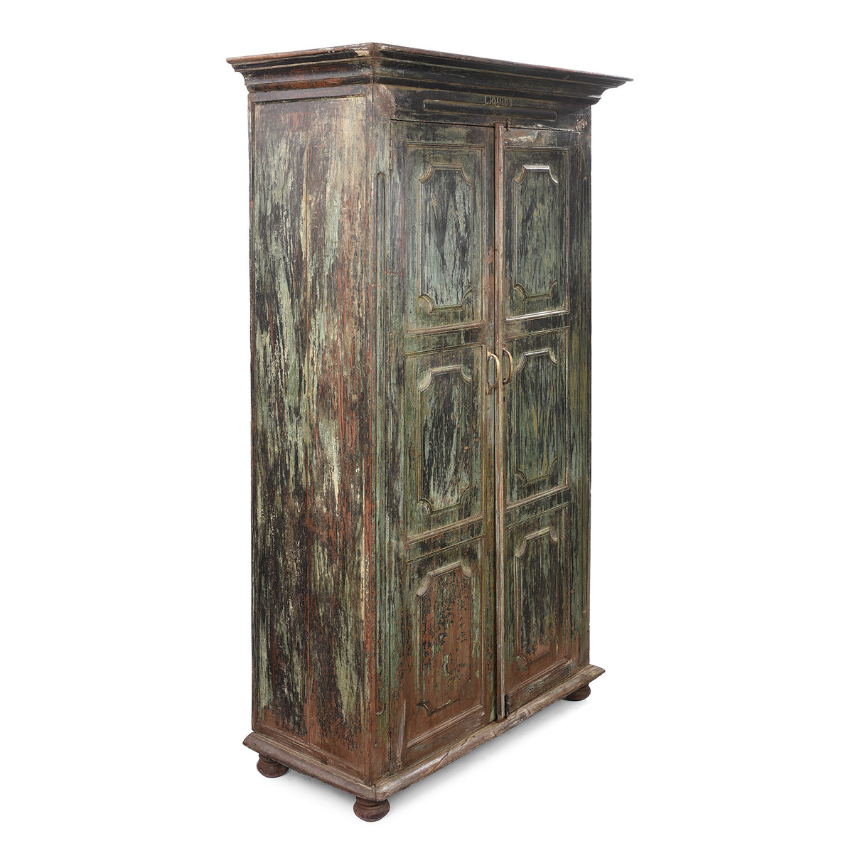 Angled View Of Green Painted Reclaimed Teak Cabinet | Indigo Antiques