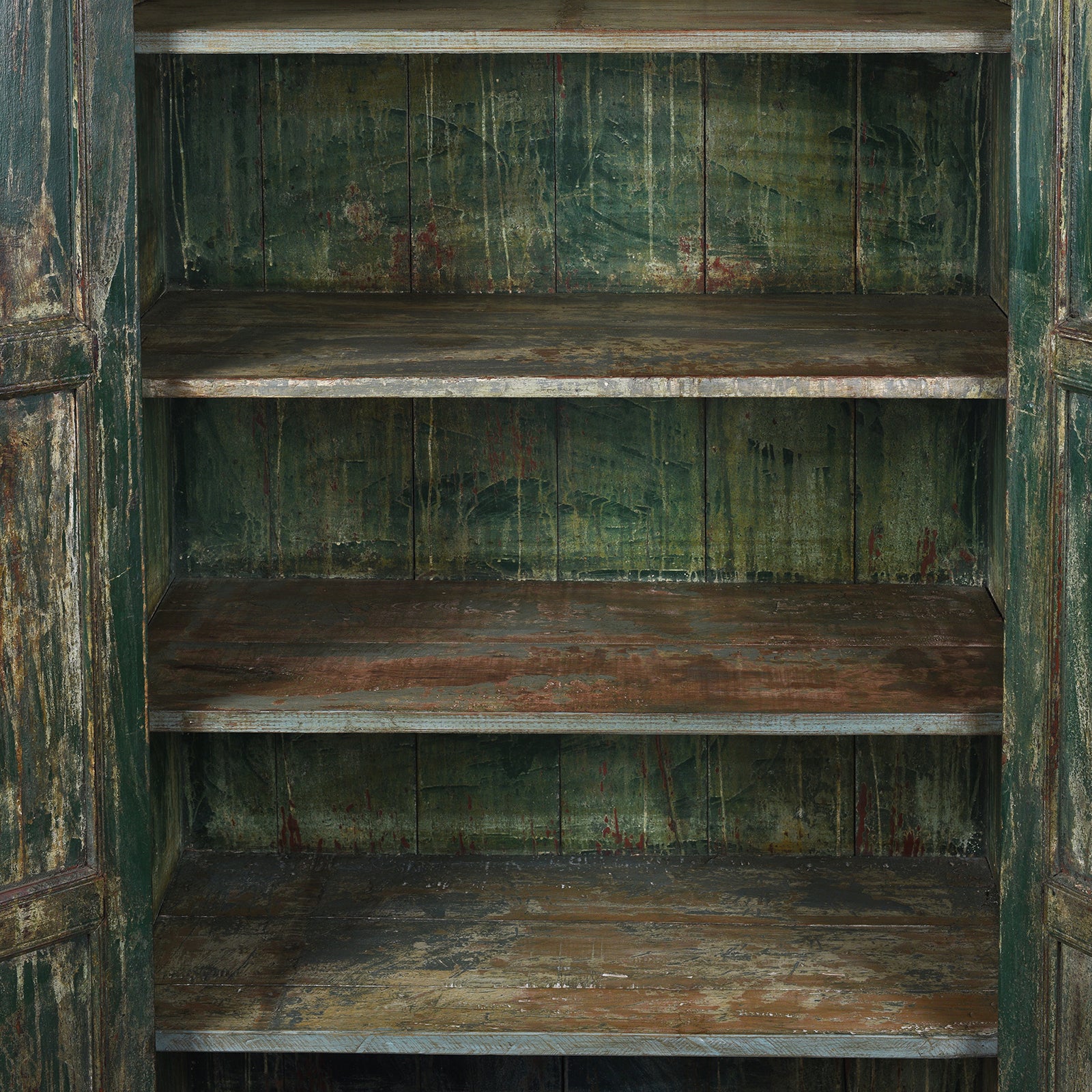 Interior Of Green Painted Reclaimed Teak Cabinet | Indigo Antiques