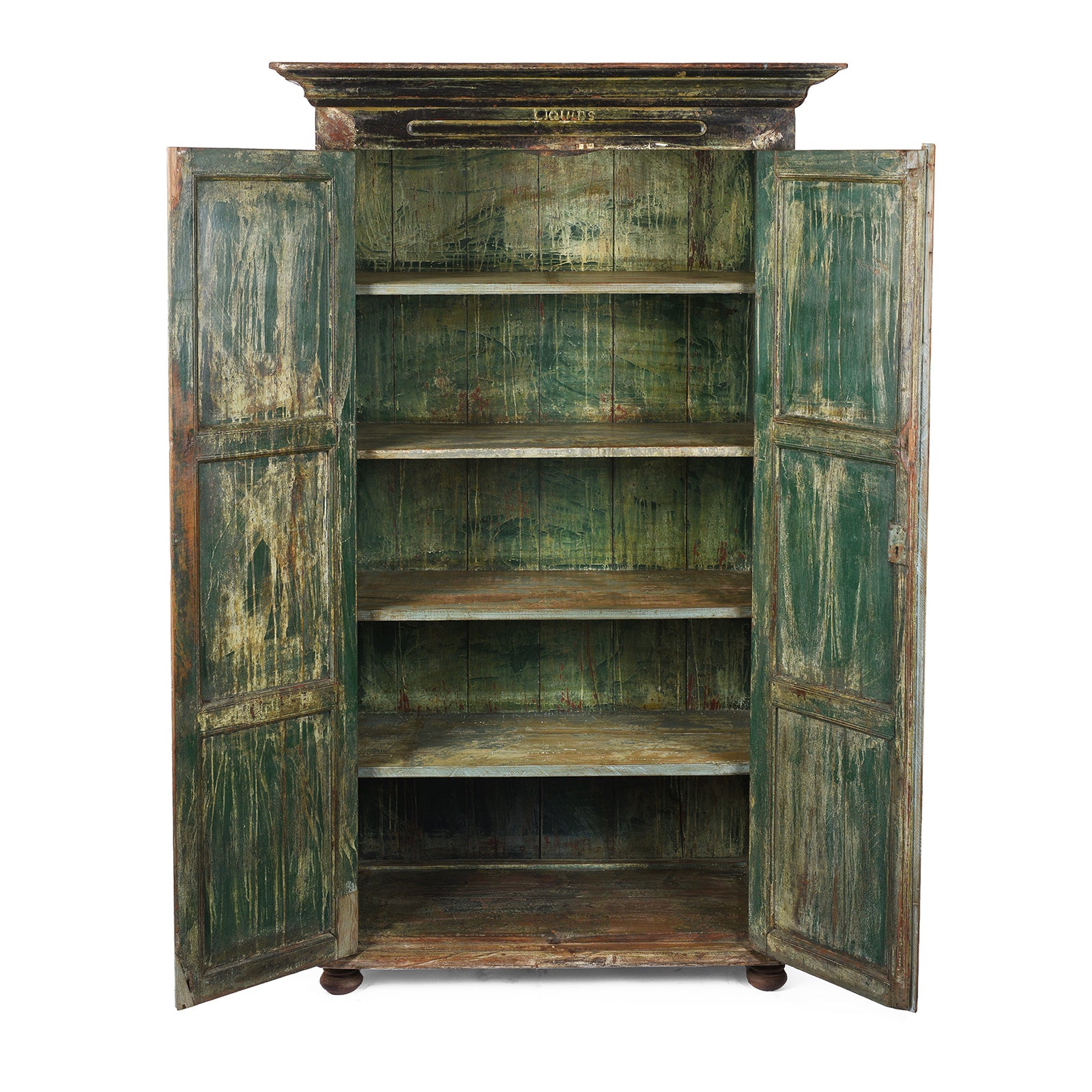 Open Doors View Of Green Painted Reclaimed Teak Cabinet | Indigo Antiques