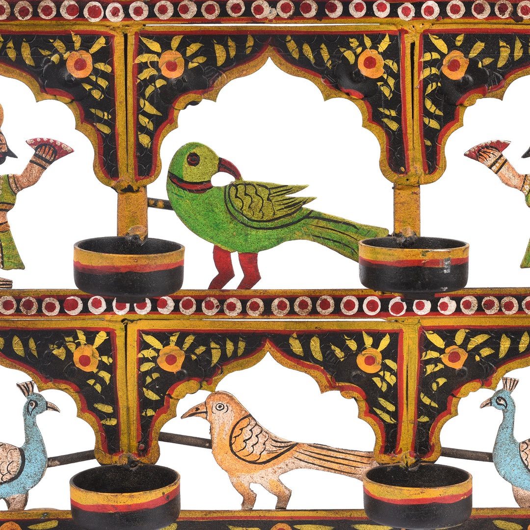Parrot Detail From Painted Indian Iron Tribal "Toran" Diwali Lamp | Indigo Antiques