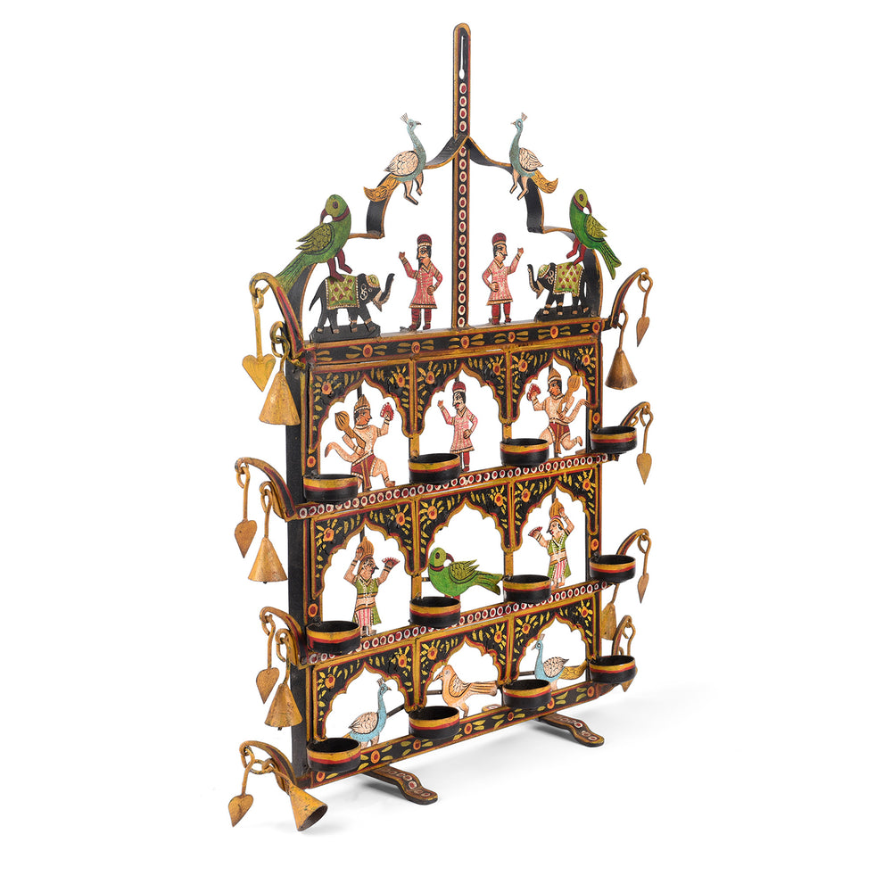 Angled View Of Painted Indian Iron Tribal "Toran" Diwali Lamp | Indigo Antiques
