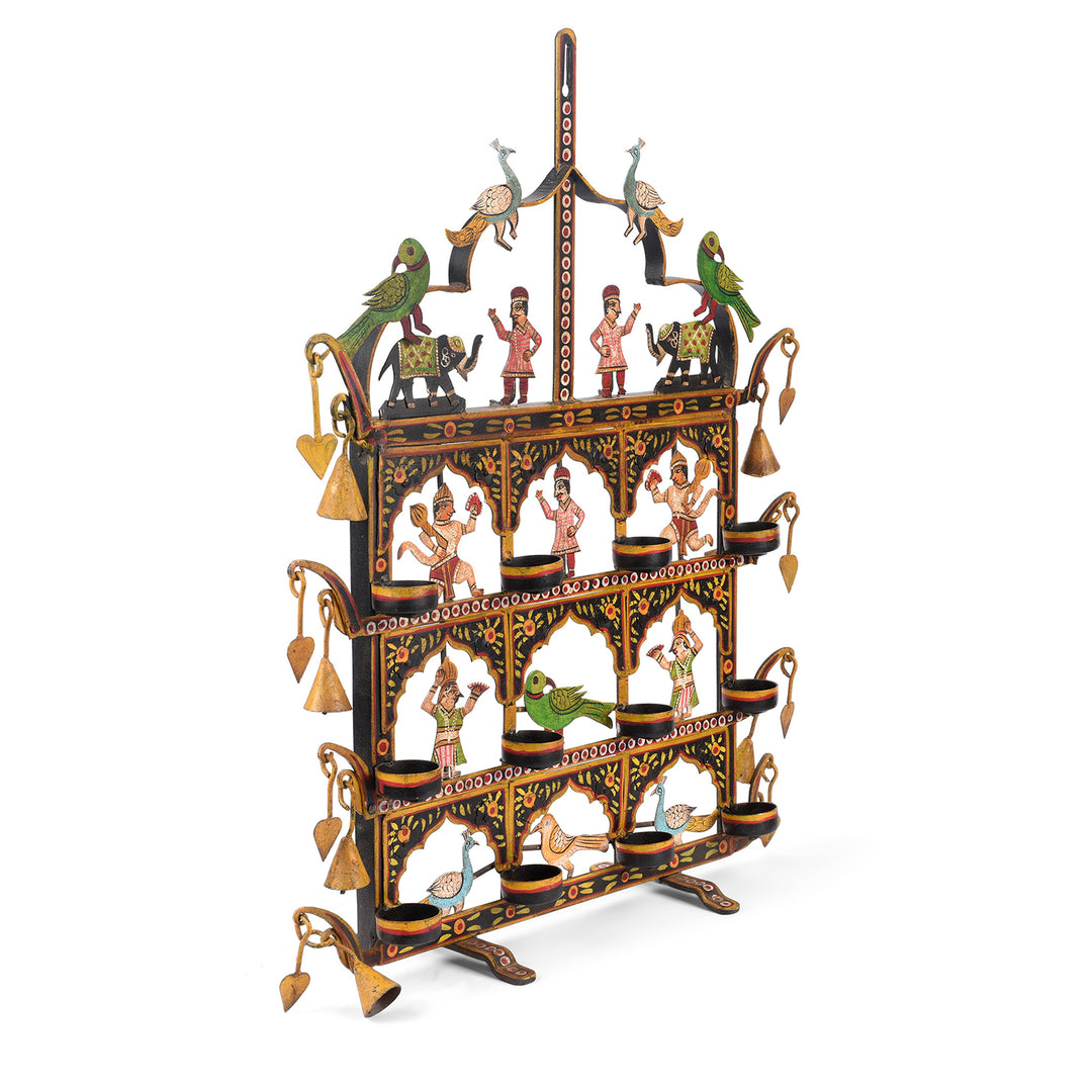 Angled View Of Painted Indian Iron Tribal "Toran" Diwali Lamp | Indigo Antiques