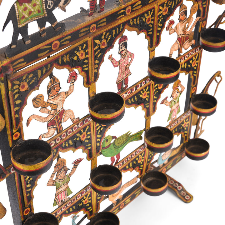 Candle Holders Detail From Painted Indian Iron Tribal "Toran" Diwali Lamp | Indigo Antiques