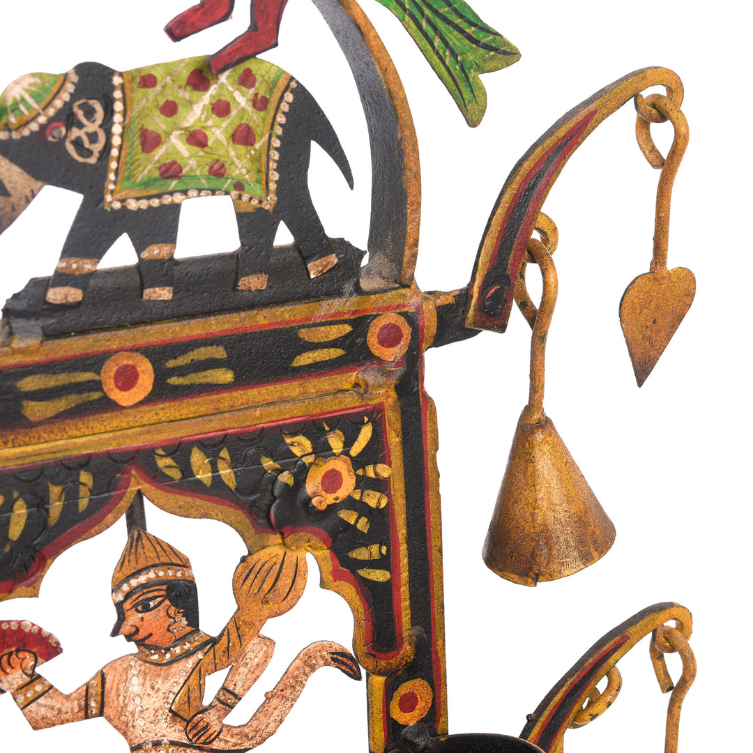 Bell Detail from Painted Indian Iron Tribal "Toran" Diwali Lamp | Indigo Antiques