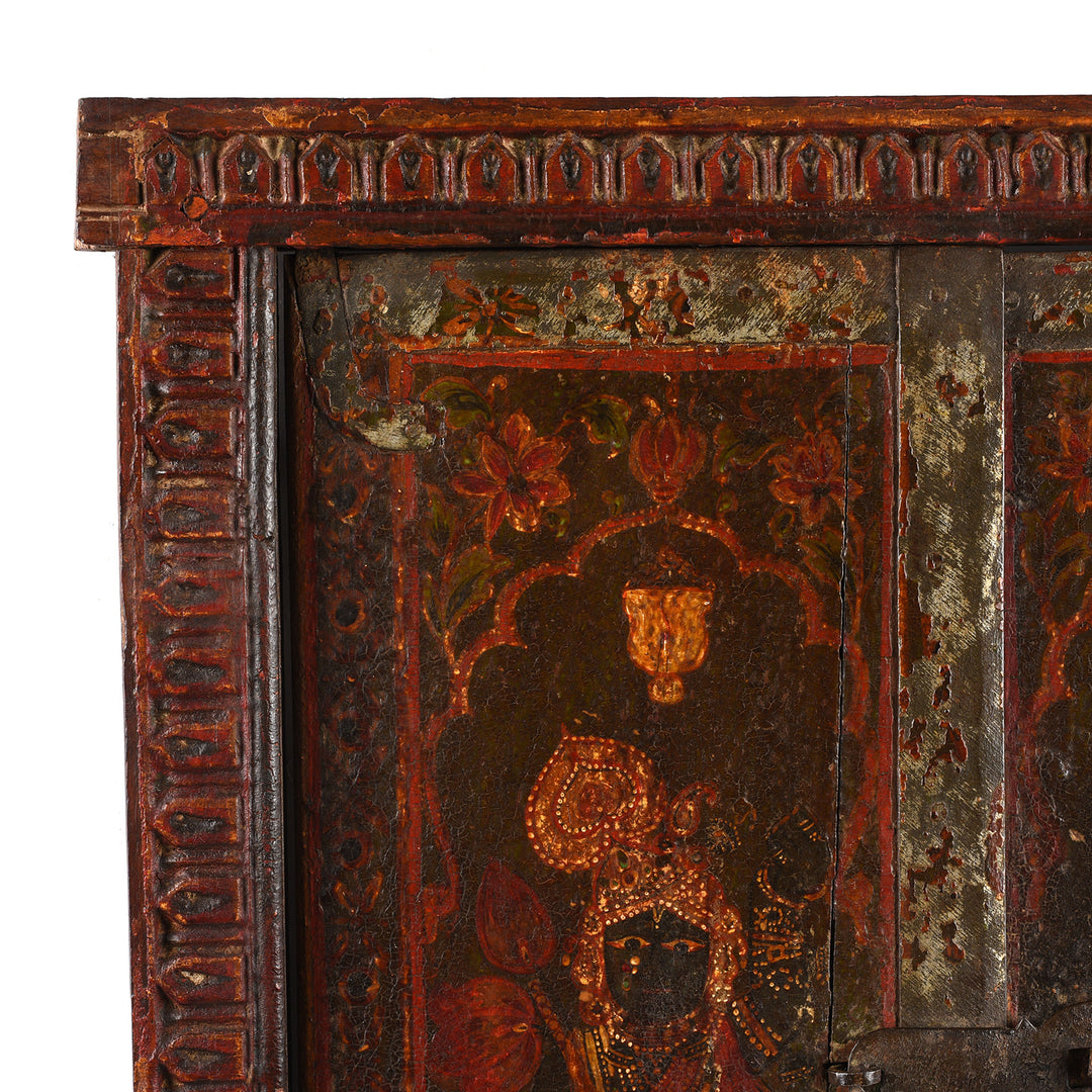 Corner Detail Showing Paintowork And Carving From Antique Painted Radha Krishna Shutter From Bikaner | Indigo Antiques