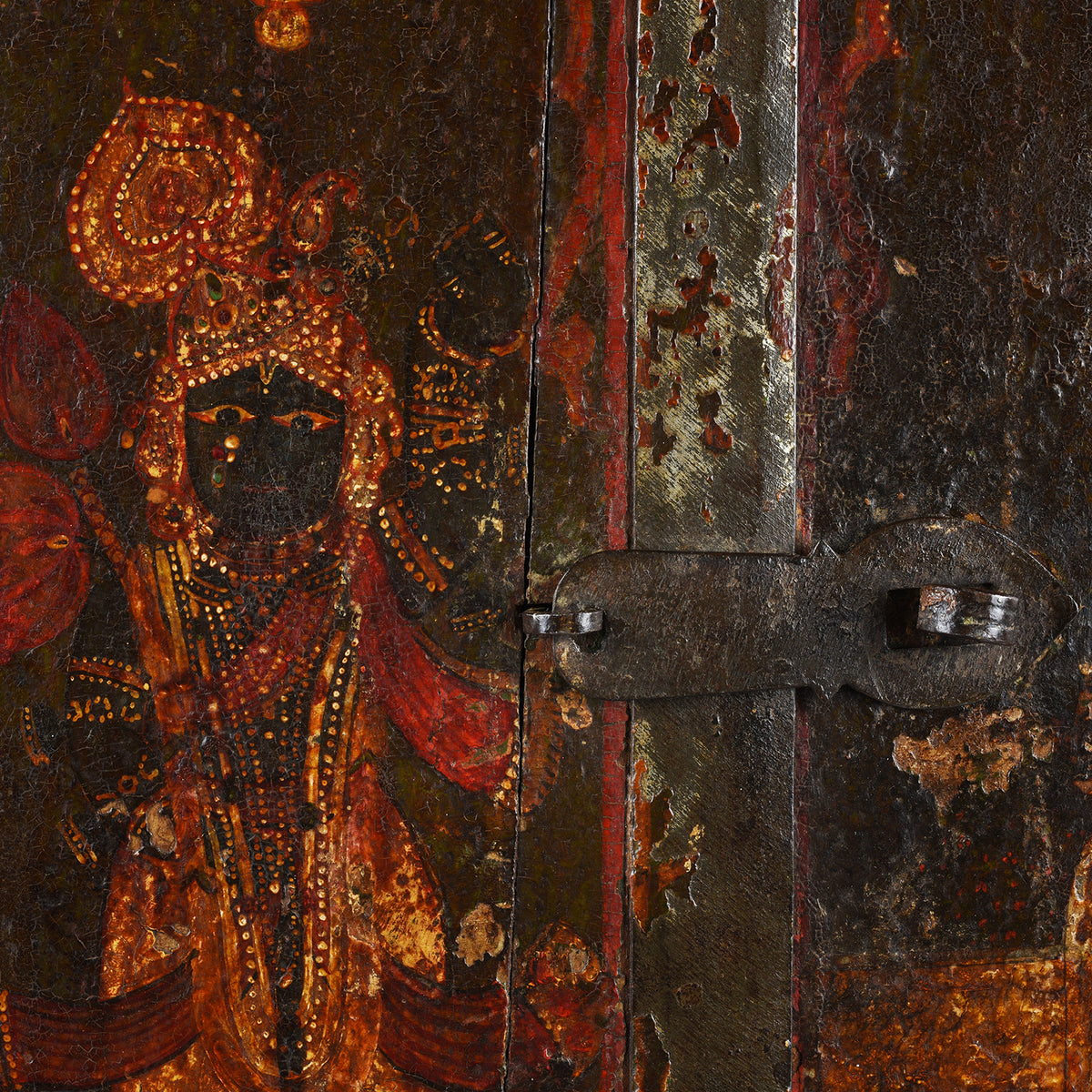 Krishna Paintowrk Detail From Antique Painted Radha Krishna Shutter From Bikaner | Indigo Antiques