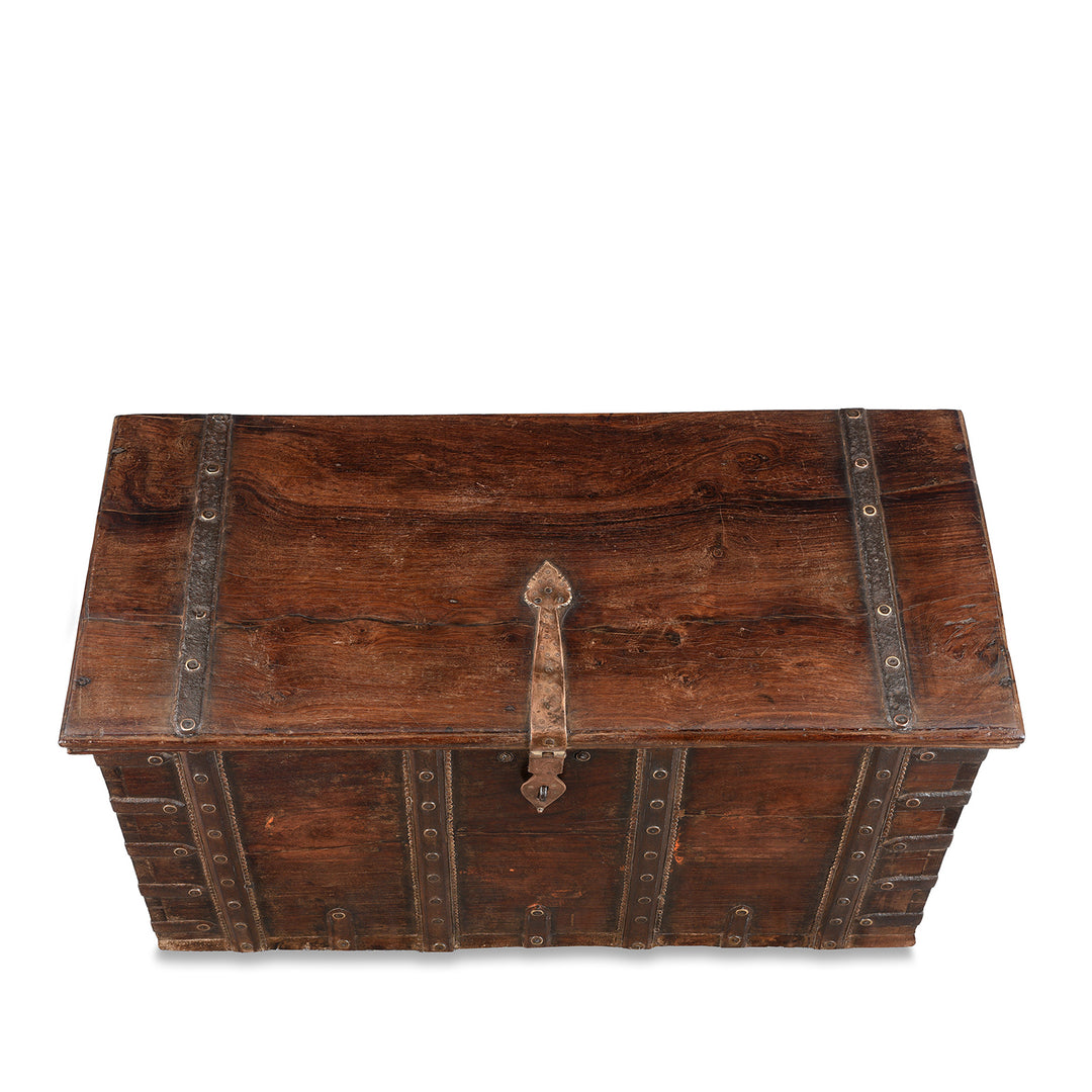Top Down View Of Antique Indian Iron Bound Rosewood Chest From Kutch | Indigo Antiques