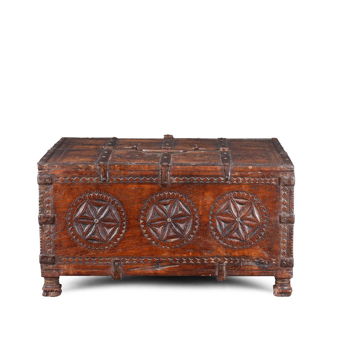 Back of Antique Chip Carved Merchants Box From Ramgargh | Indigo Antiques