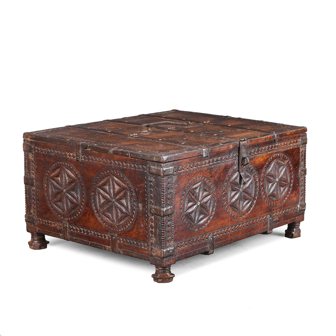 Angled View Of Antique Chip Carved Merchants Box From Ramgargh | Indigo Antiques