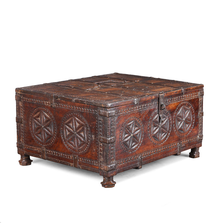 Angled View Of Antique Chip Carved Merchants Box From Ramgargh | Indigo Antiques