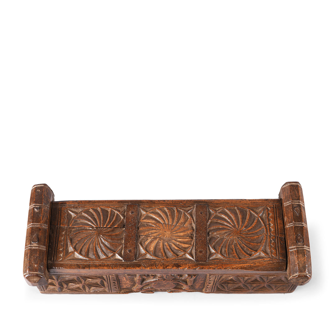 Top Down VIew Of Antique Carved Teak Ganesh Harpa Box From Banswara | Indigo Antiques