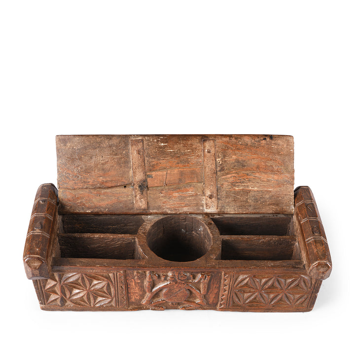 Interior Of Antique Carved Teak Ganesh Harpa Box From Banswara | Indigo Antiques