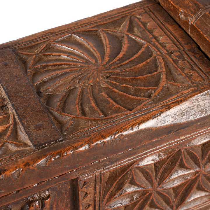 Carving Detail From Antique Carved Teak Ganesh Harpa Box From Banswara | Indigo Antiques