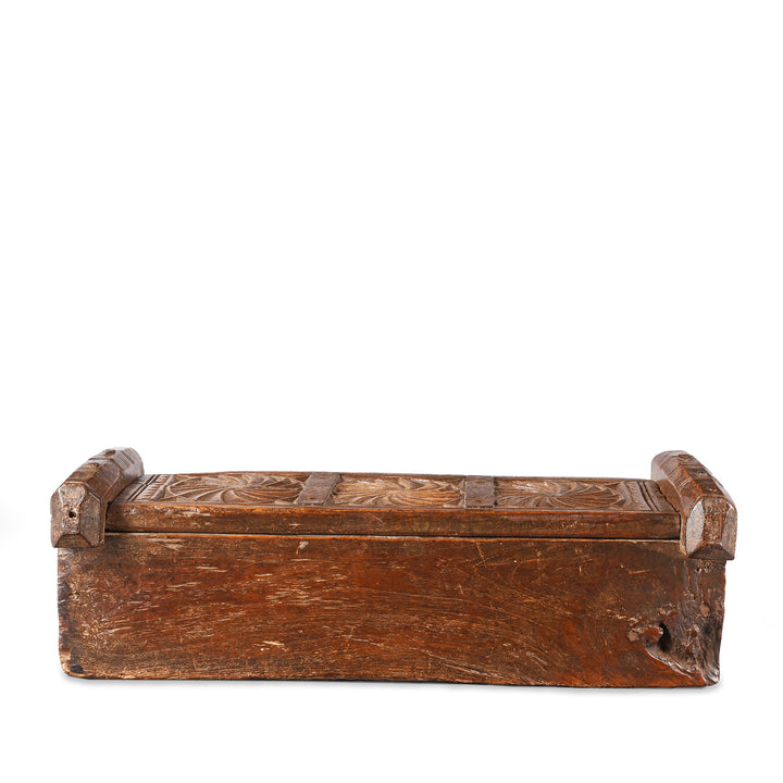 Back of Antique Carved Teak Ganesh Harpa Box From Banswara | Indigo Antiques