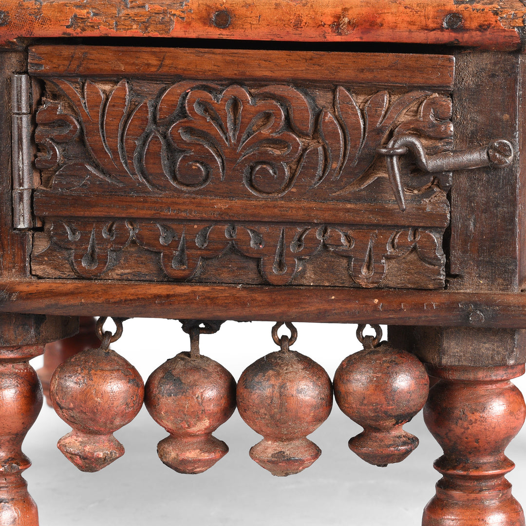 Latch Panel Detail From Antique Lacquered Mini Bajot Prayer Table From Shekhawati | Indigo Antiques