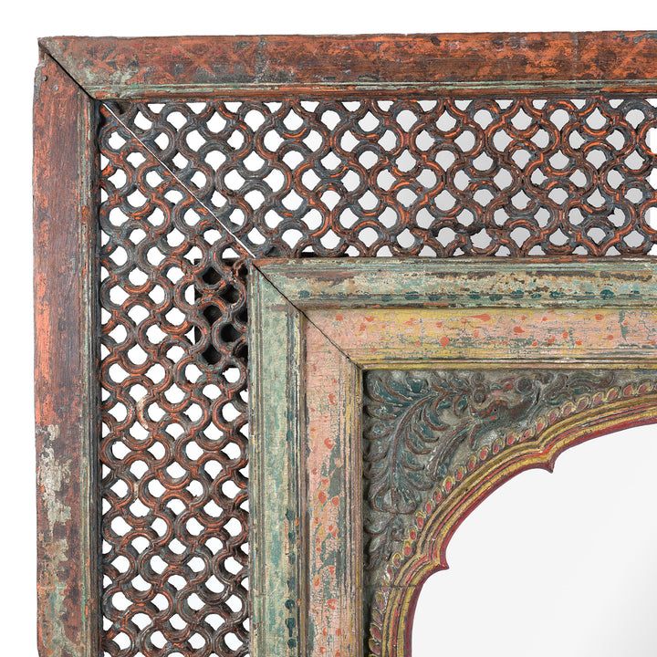 Jali And Paintwork Detail From Antique Indian Painted Teak Jali Window Mirror | Indigo Antiques