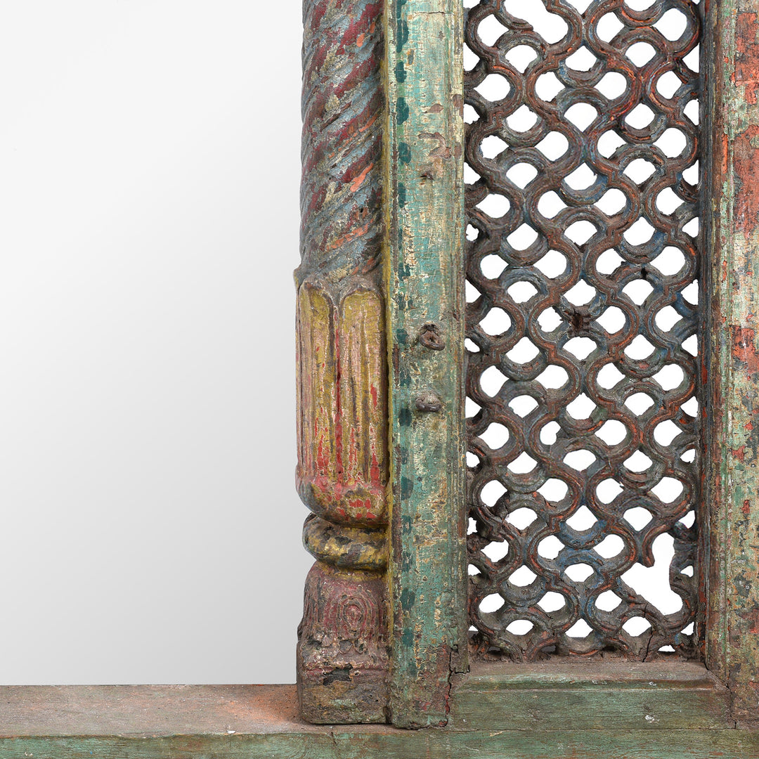 Carving Detail From Antique Indian Painted Teak Jali Window Mirror | Indigo Antiques
