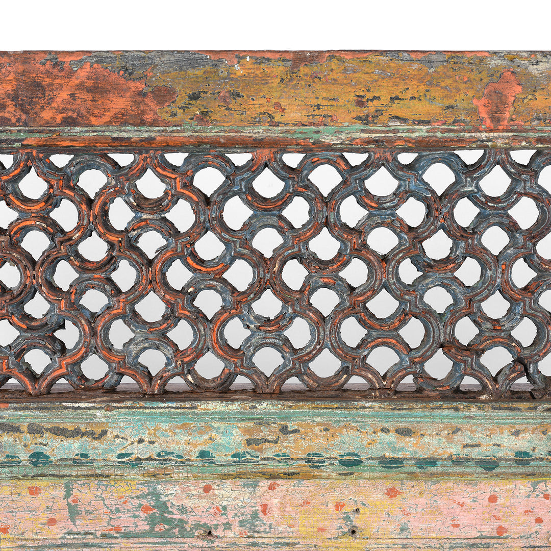 Lattic Design Detail From Antique Indian Painted Teak Jali Window Mirror | Indigo Antiques