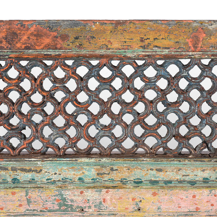 Lattic Design Detail From Antique Indian Painted Teak Jali Window Mirror | Indigo Antiques
