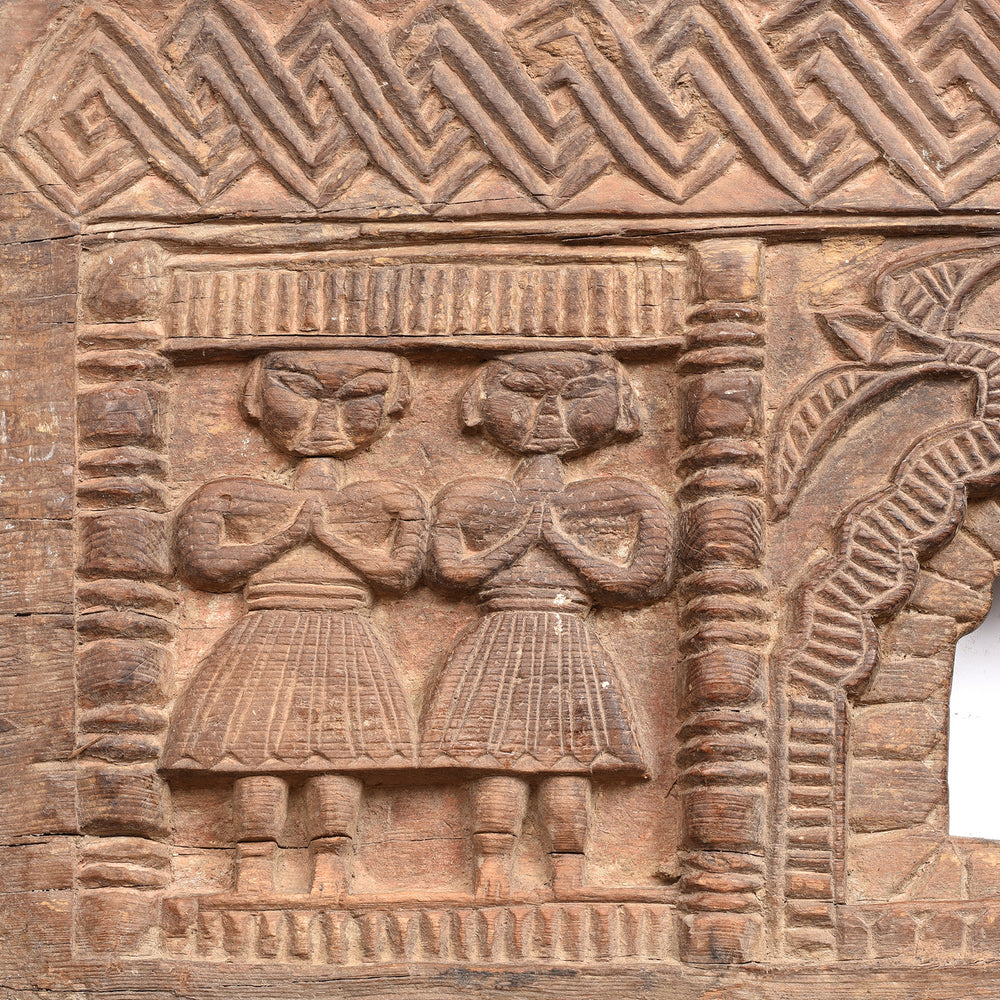 Character Carving Detail From Antique Indian Carved Cedar Tribal Panel With Endless Knot Design | Indigo Antiques