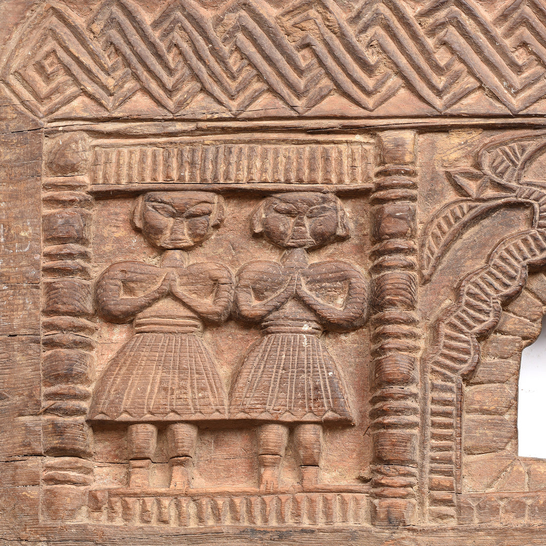 Character Carving Detail From Antique Indian Carved Cedar Tribal Panel With Endless Knot Design | Indigo Antiques