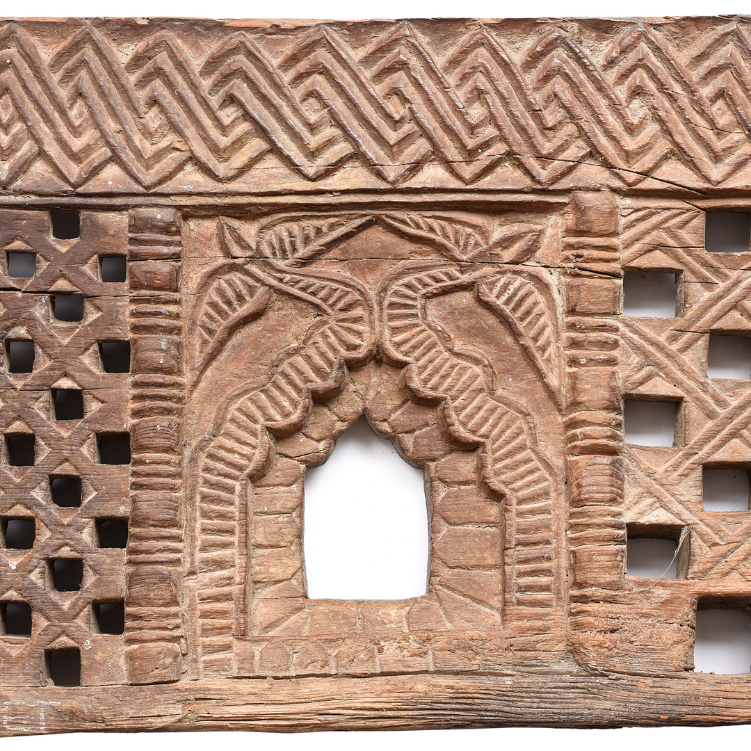 Mihrab Carving Detail From Antique Indian Carved Cedar Tribal Panel With Endless Knot & Mihrab  | Indigo Antiques 