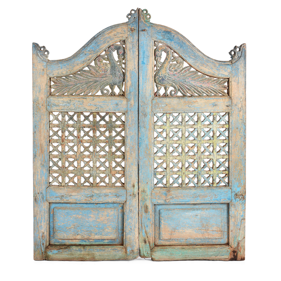 Antique Blue Painted Teak Peacock Dog Gate From Gujarat | Indigo Antiques