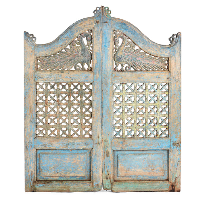 Antique Blue Painted Teak Peacock Dog Gate From Gujarat | Indigo Antiques