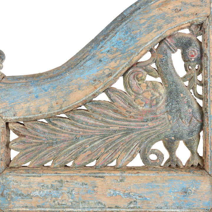 Peacock Detail From Antique Blue Painted Teak Peacock Dog Gate From Gujarat | Indigo Antiques